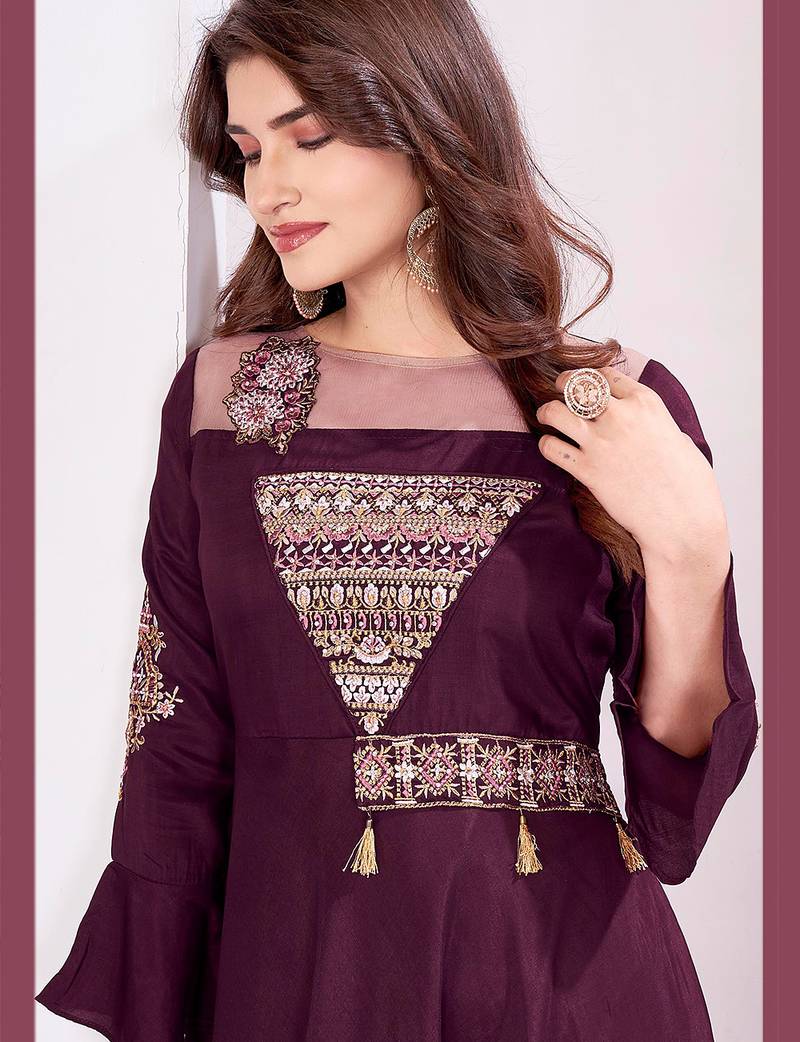 Wine color beautiful embroidered ceremonial gown for classy looks
