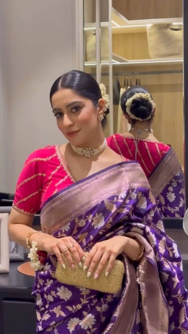 Purple soft silk blend banarasi jacuard work designer saree with blouse