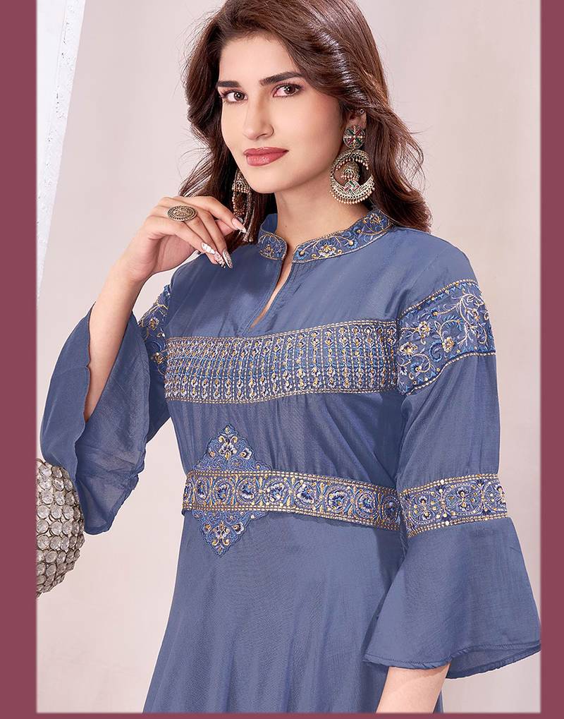 Grey color beautiful embroidered ceremonial gown for classy looks