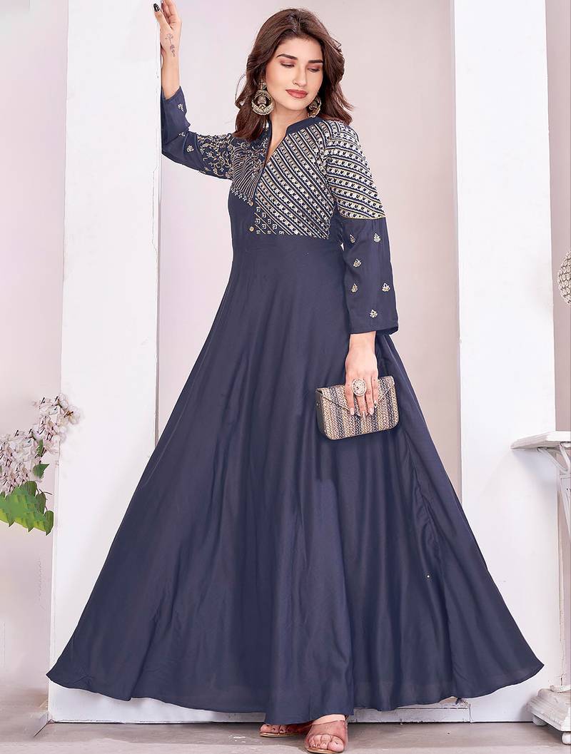 Dark grey color beautiful embroidered ceremonial gown for classy looks