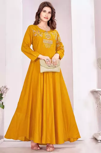 Yellow color beautiful embroidered ceremonial gown for classy looks