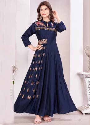 Blue color beautiful embroidered ceremonial gown for classy looks 1