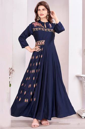Blue color beautiful embroidered ceremonial gown for classy looks