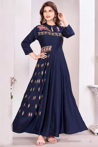Blue color beautiful embroidered ceremonial gown for classy looks