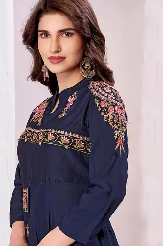 Blue color beautiful embroidered ceremonial gown for classy looks