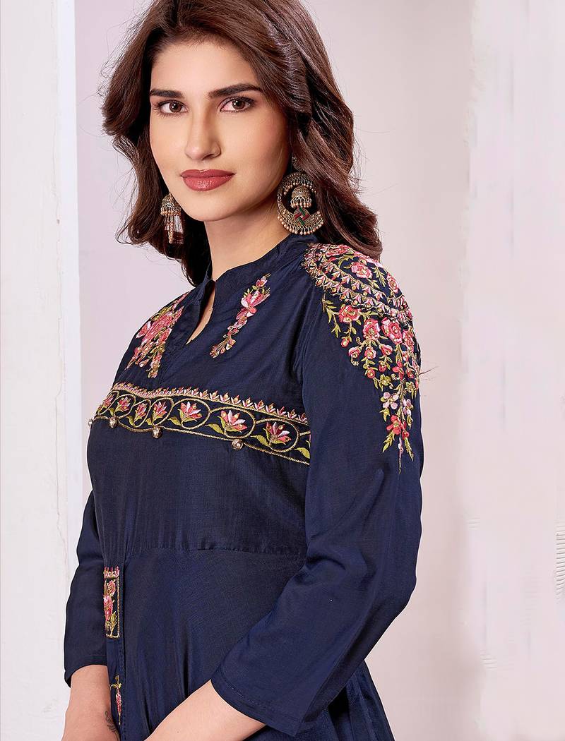 Blue color beautiful embroidered ceremonial gown for classy looks