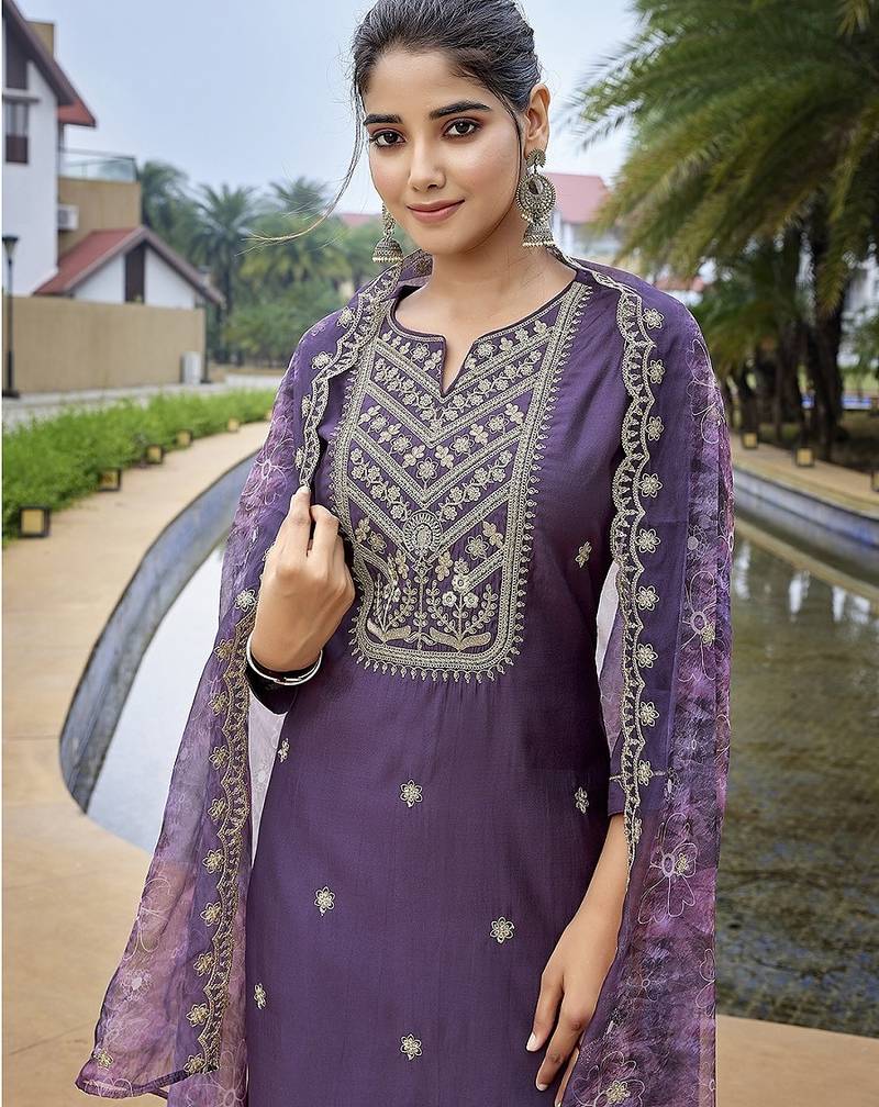 Purple color stylish partywear readymade ethnic suit