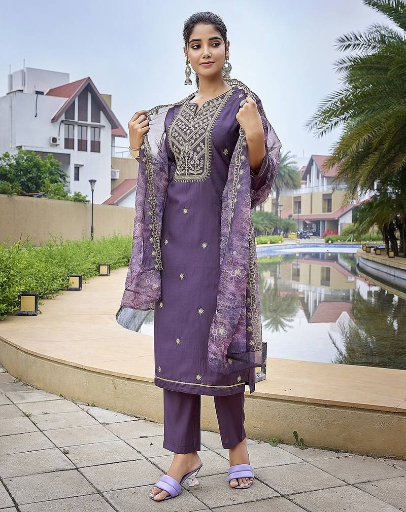 Purple color stylish partywear readymade ethnic suit