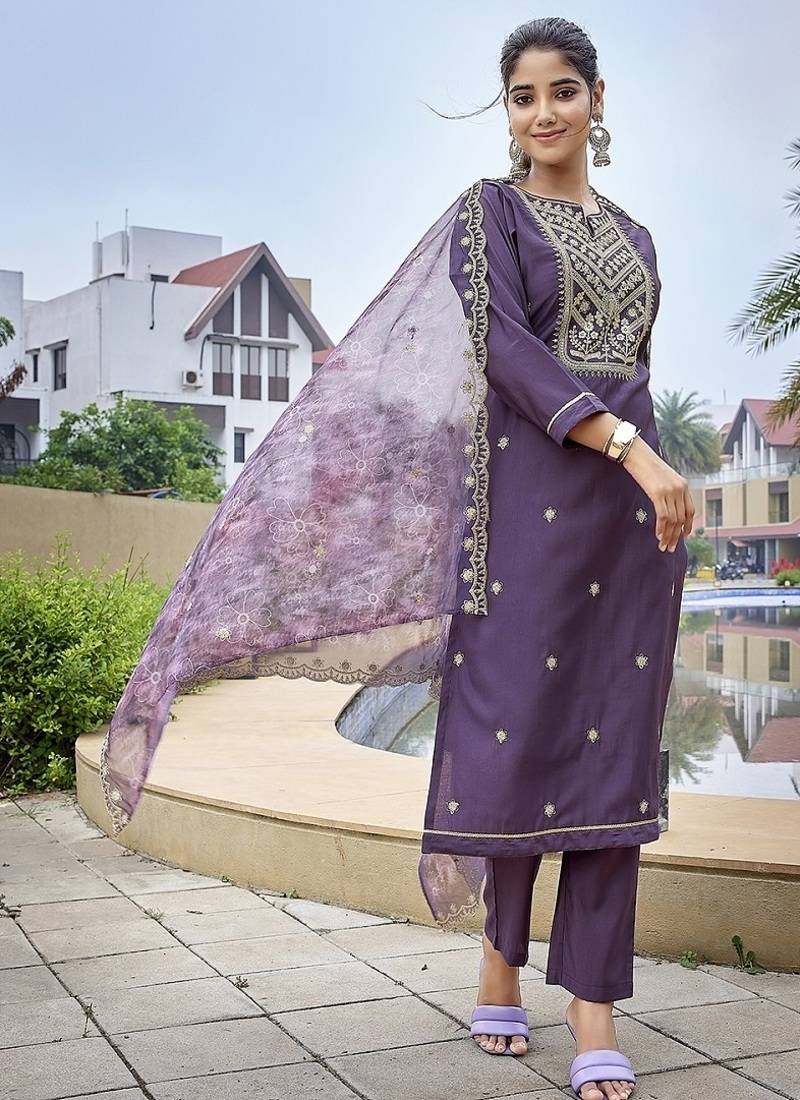 Purple color stylish partywear readymade ethnic suit