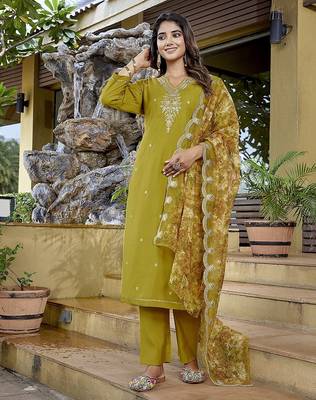Mustard color stylish partywear readymade suit 1
