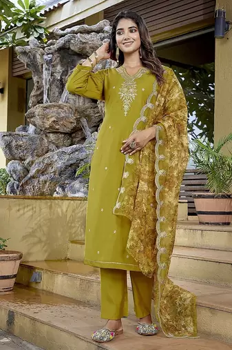Mustard color stylish partywear readymade ethnic suit