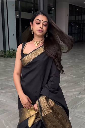 Black soft silk blend banarasi jacuard work designer saree with blouse