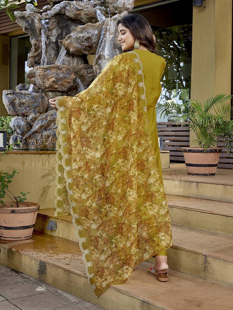Mustard color stylish partywear readymade ethnic suit