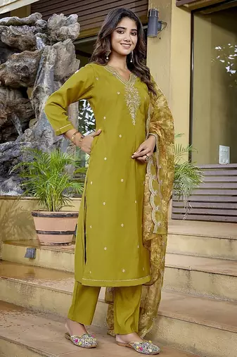 Mustard color stylish partywear readymade suit