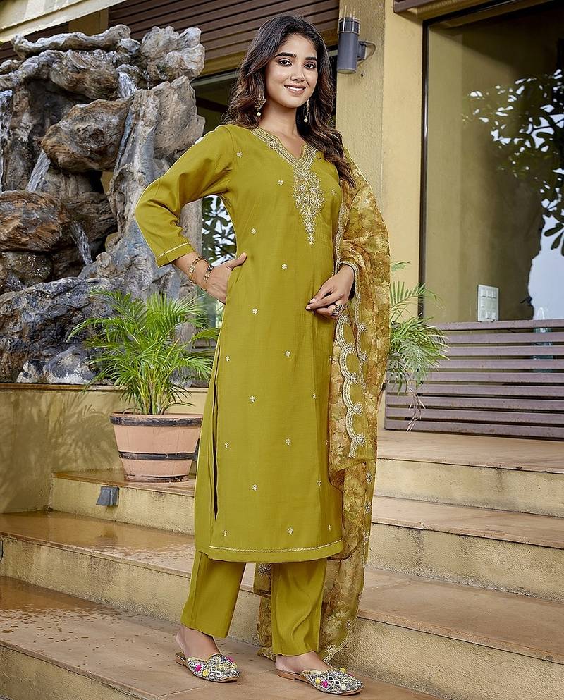 Mustard color stylish partywear readymade ethnic suit