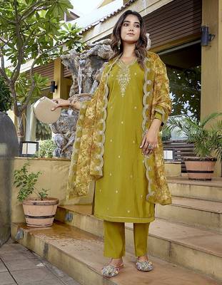 Mustard color stylish partywear readymade suit 5