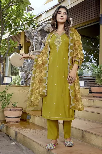 Mustard color stylish partywear readymade suit