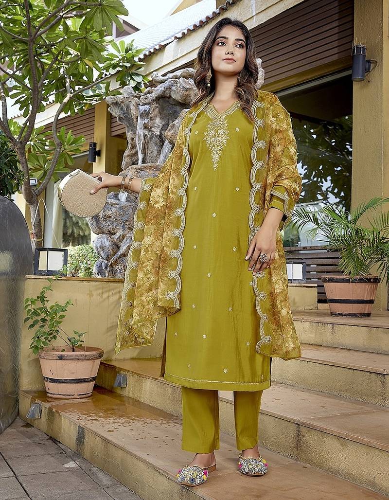 Mustard color stylish partywear readymade ethnic suit