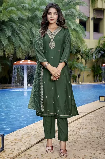 Bottle green color stylish partywear readymade ethnic suit