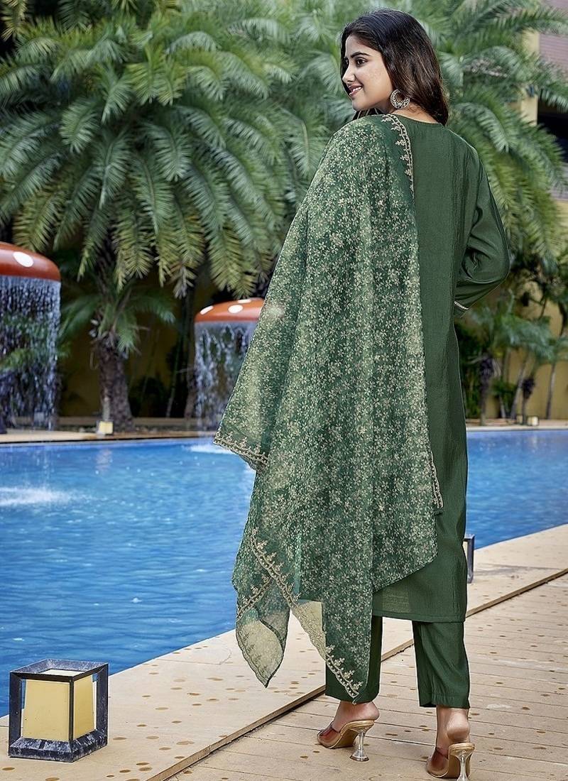 Bottle green color stylish partywear readymade ethnic suit