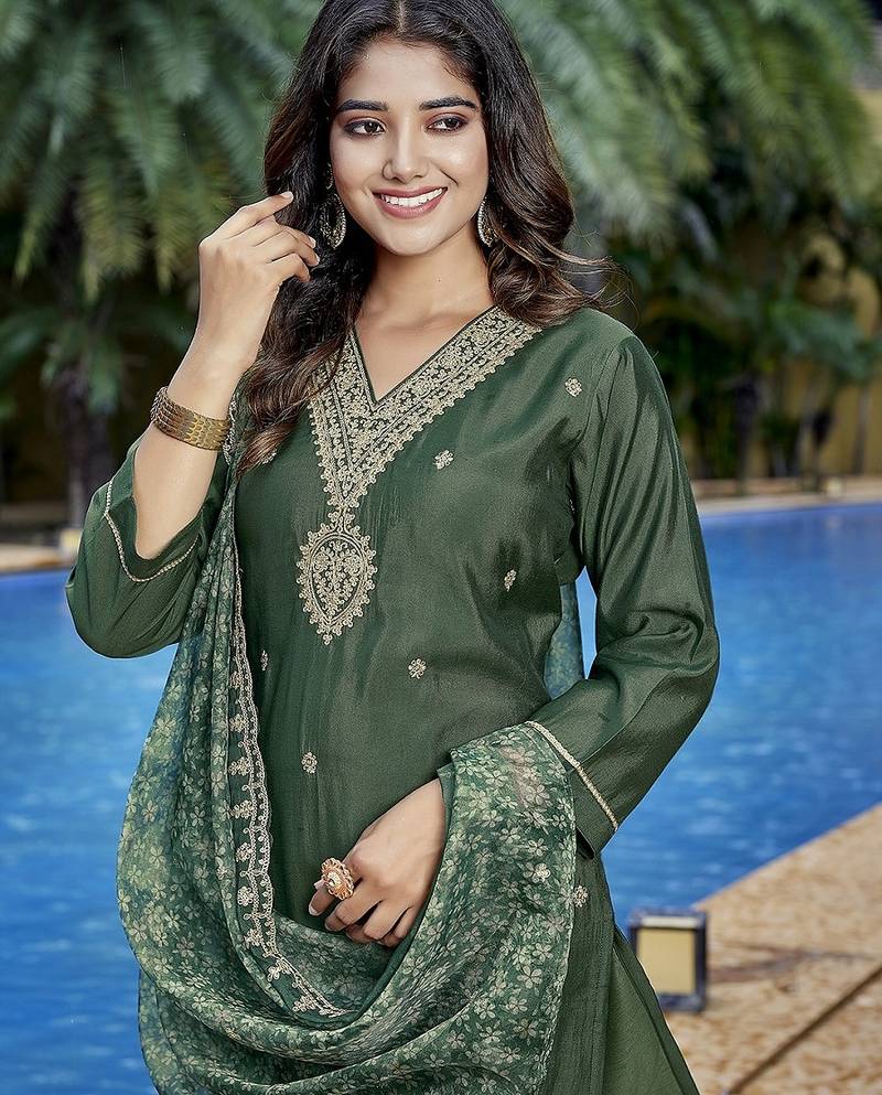Bottle green color stylish partywear readymade ethnic suit