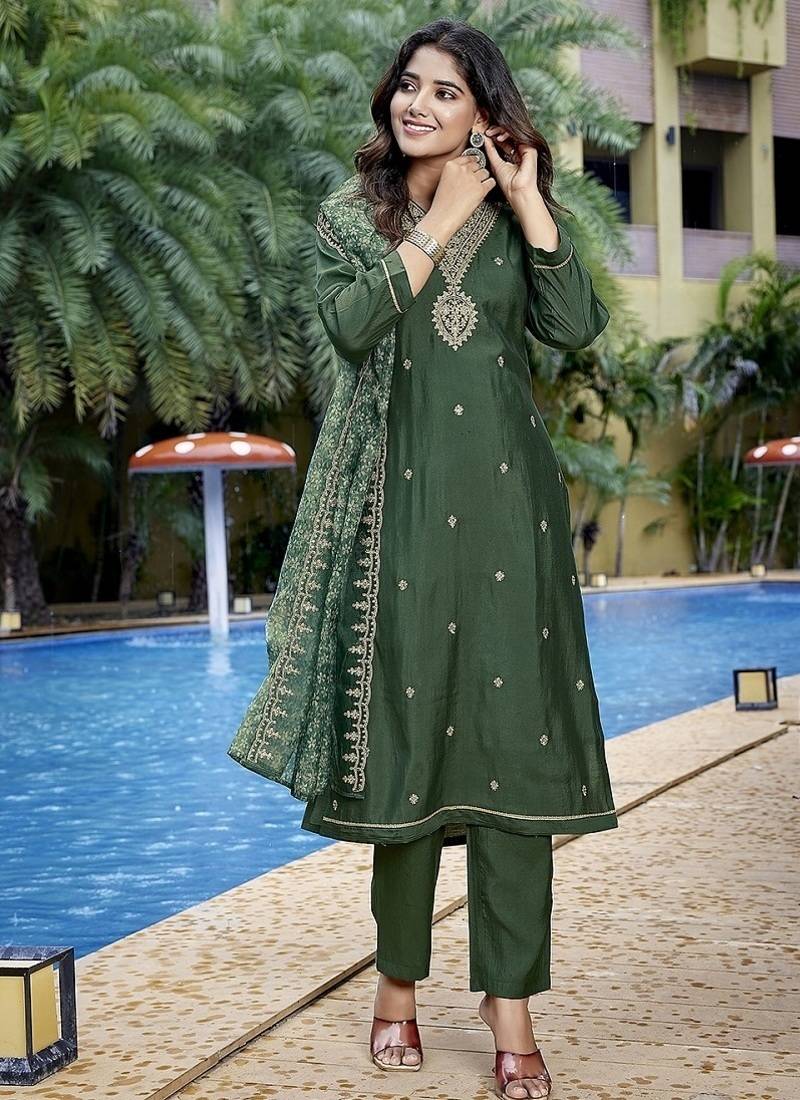 Bottle green color stylish partywear readymade ethnic suit