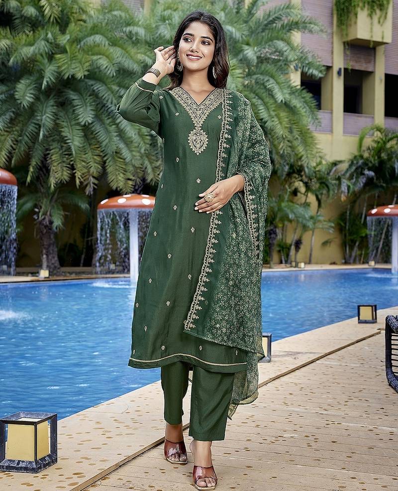 Bottle green color stylish partywear readymade ethnic suit