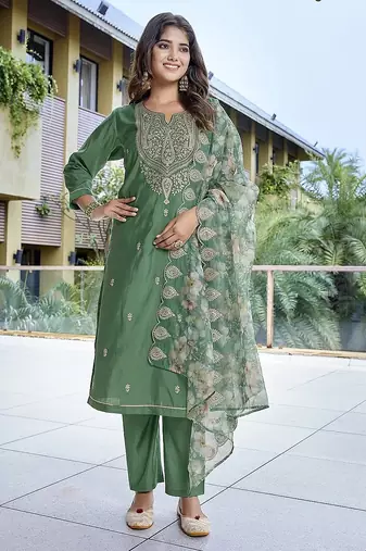 Green color stylish partywear readymade ethnic suit