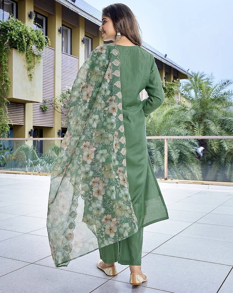 Green color stylish partywear readymade ethnic suit