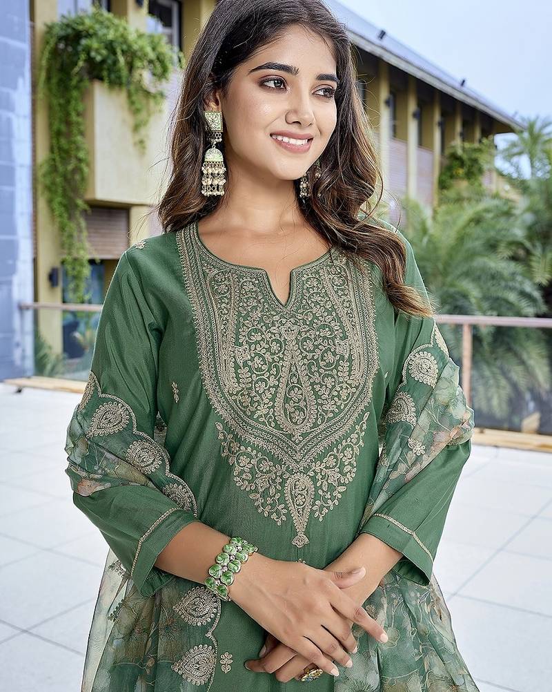 Green color stylish partywear readymade ethnic suit