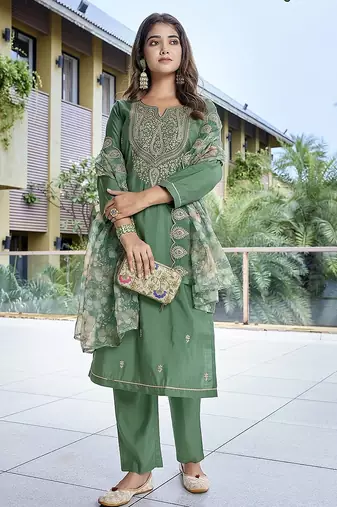 Green color stylish partywear readymade suit