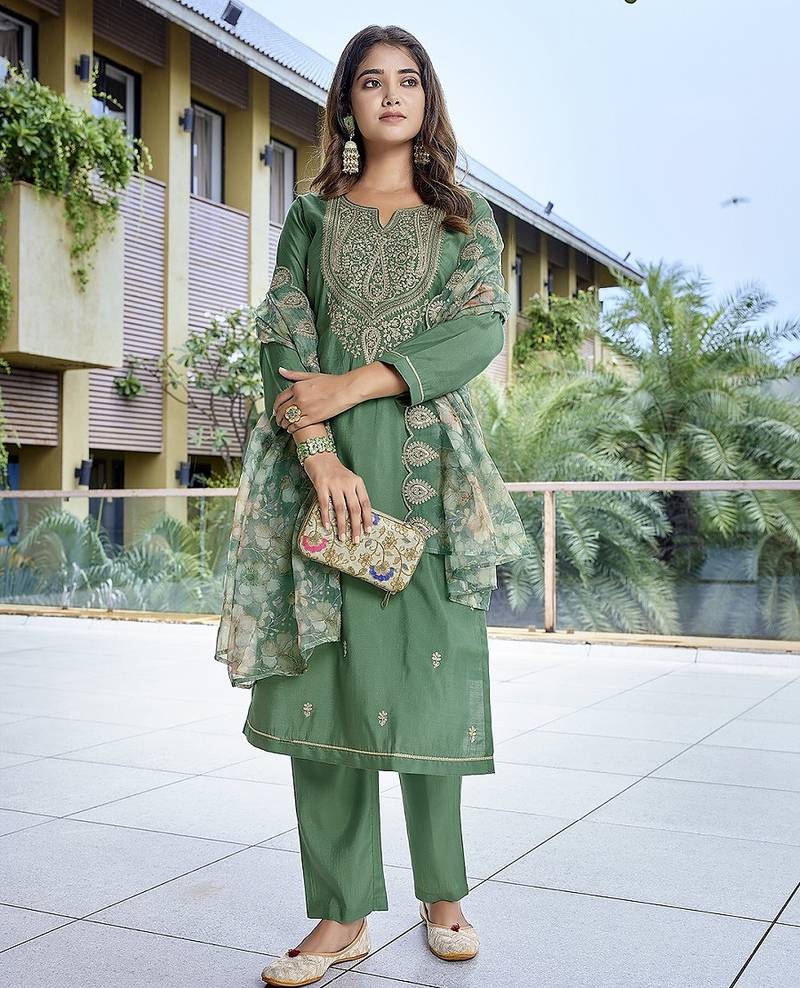Green color stylish partywear readymade ethnic suit