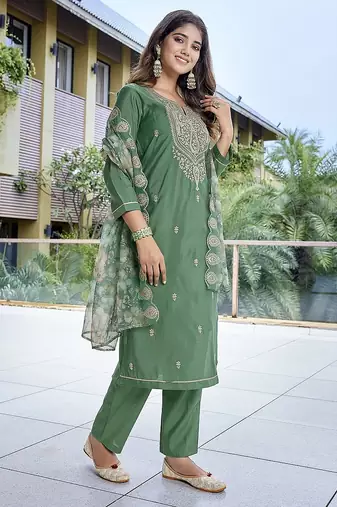 Green color stylish partywear readymade suit
