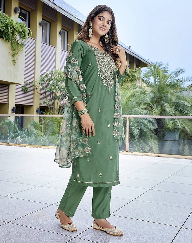 Green color stylish partywear readymade ethnic suit