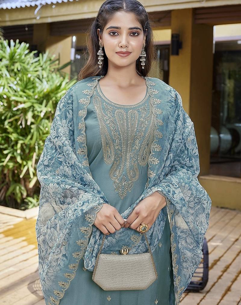 Light blue color stylish partywear readymade ethnic suit