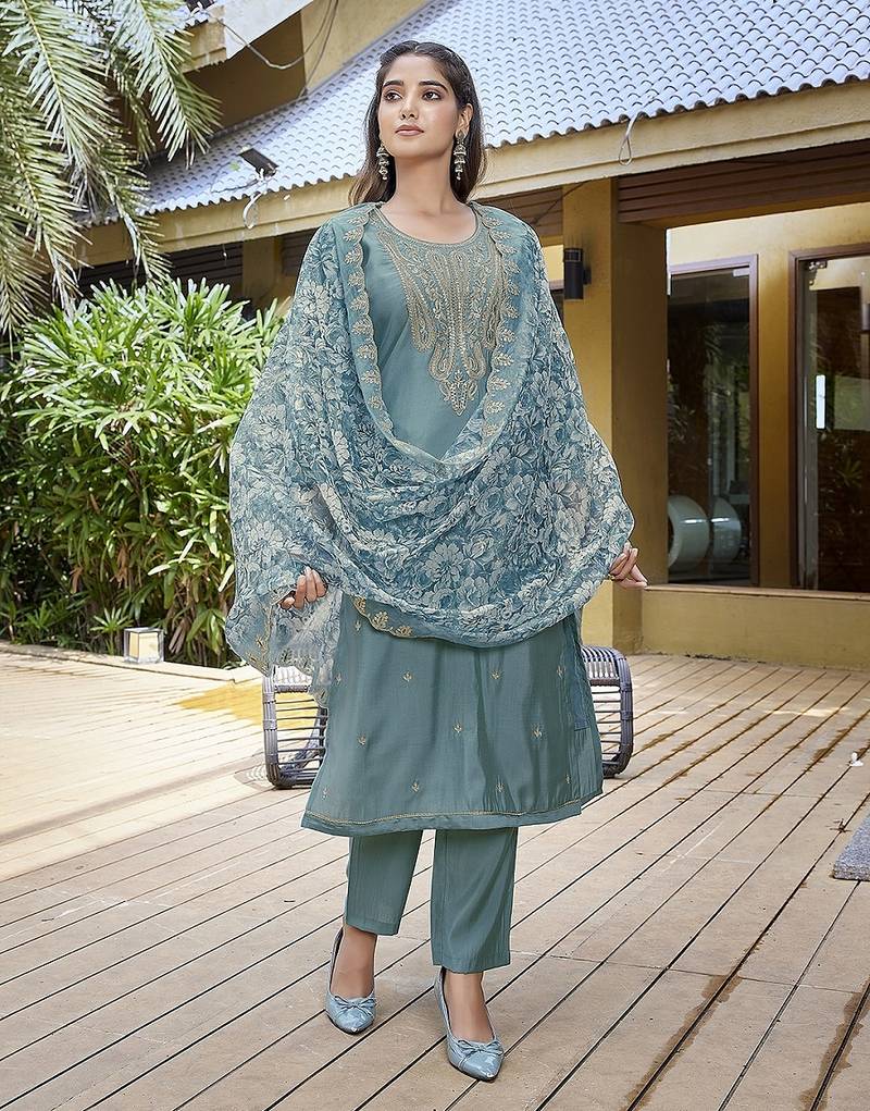 Light blue color stylish partywear readymade ethnic suit