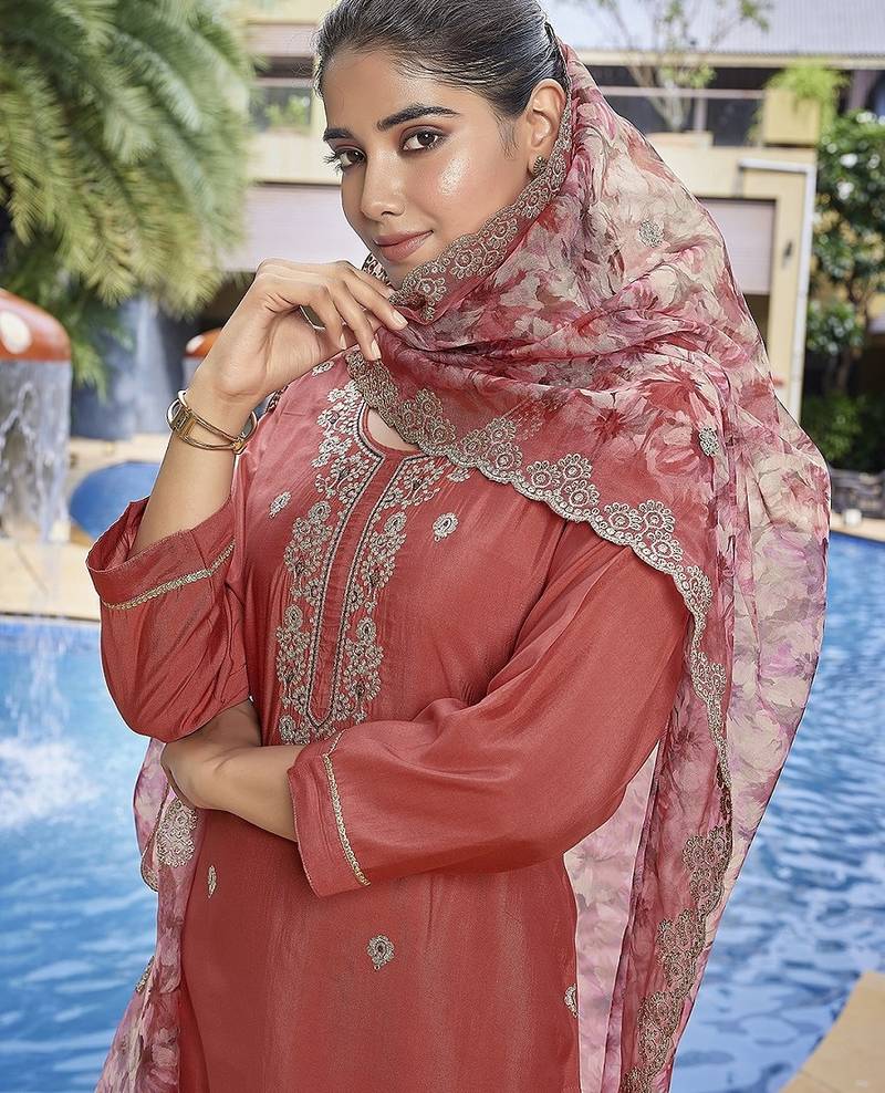 Peach color stylish partywear readymade ethnic suit