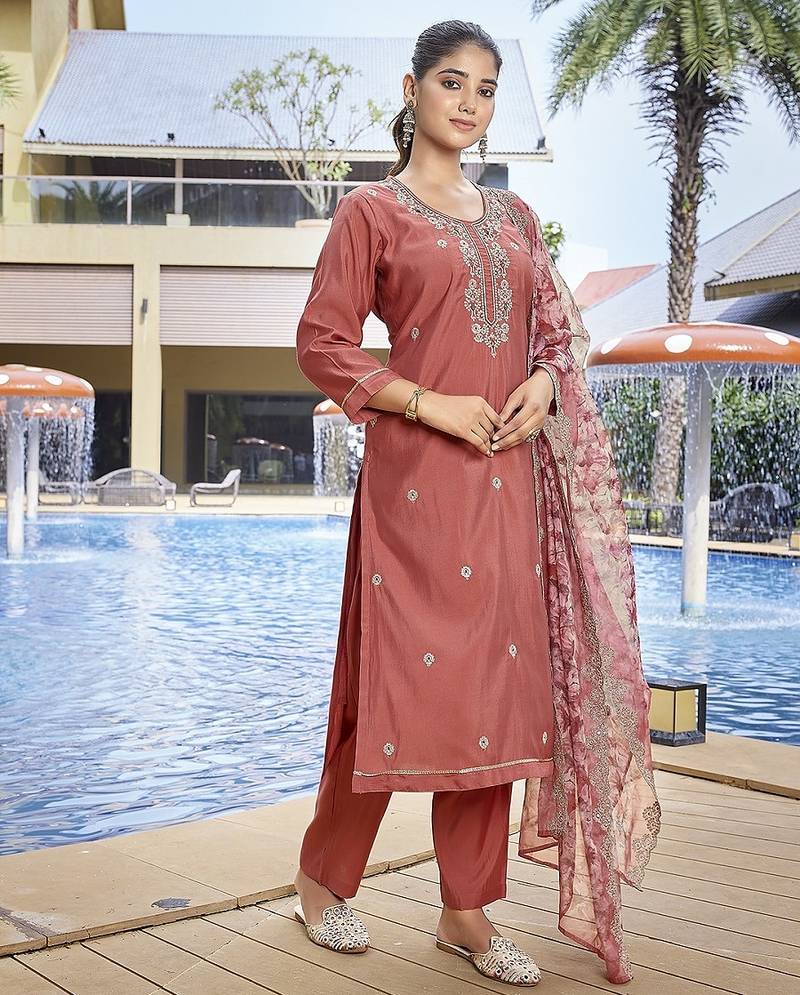Peach color stylish partywear readymade ethnic suit