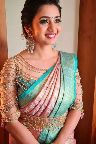 Baby pink soft silk blend banarasi jacuard work designer saree with blouse