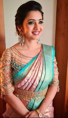 Baby pink silk blend banarasi jaquard designer saree with blouse 1