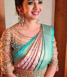 Baby pink silk blend banarasi jaquard designer saree with blouse