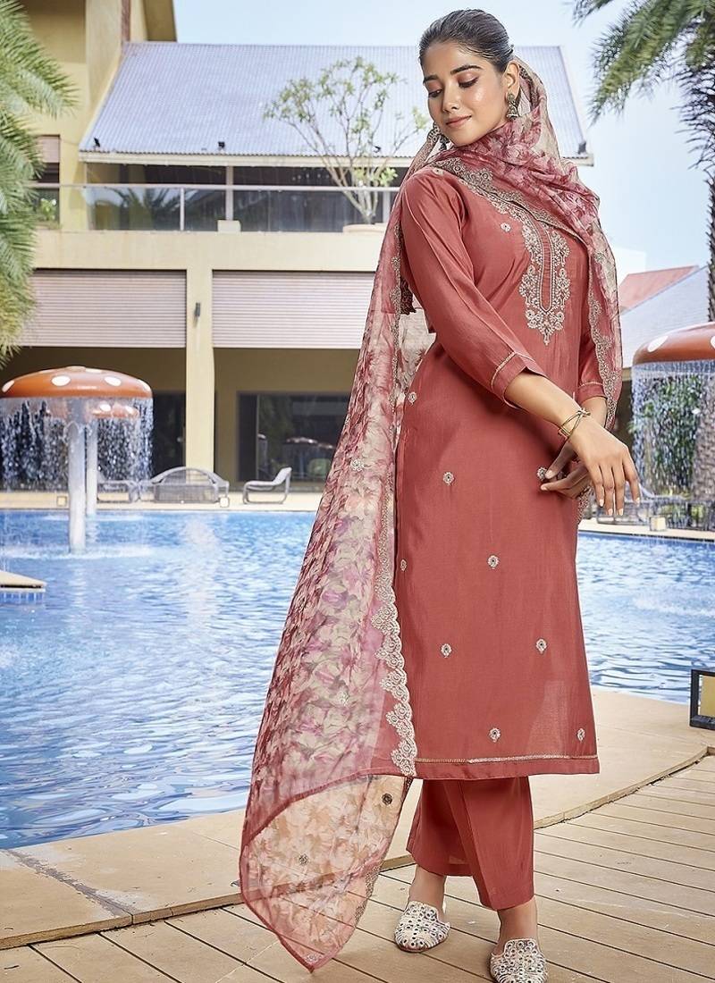 Peach color stylish partywear readymade ethnic suit
