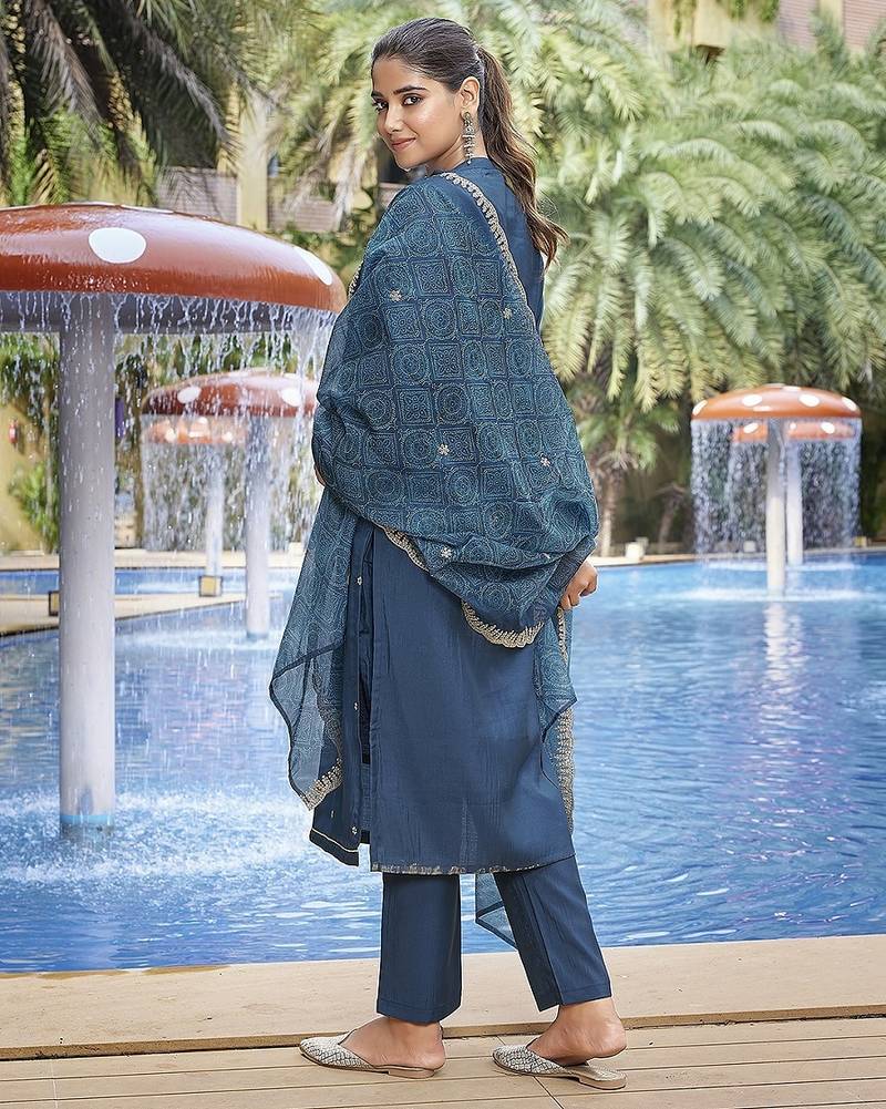 Teal color stylish partywear readymade ethnic suit