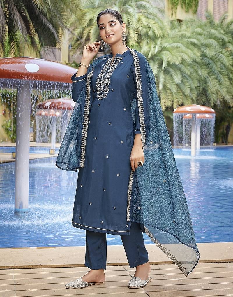 Teal color stylish partywear readymade ethnic suit