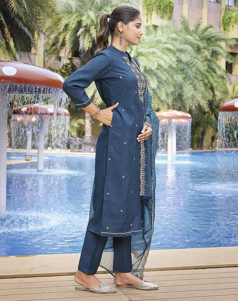 Teal color stylish partywear readymade ethnic suit