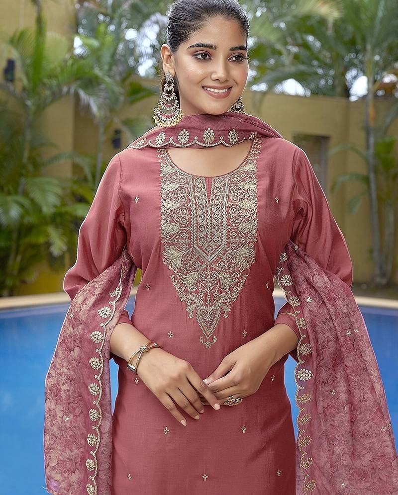 Mauve pink color stylish partywear readymade ethnic suit