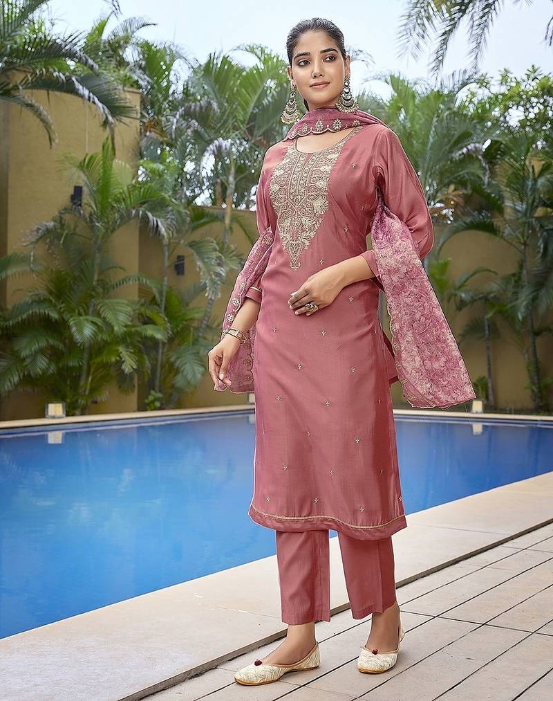Mauve pink color stylish partywear readymade ethnic suit