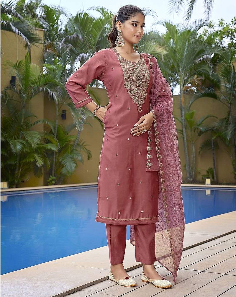 Mauve pink color stylish partywear readymade ethnic suit