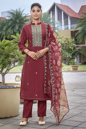 Maroon color stylish partywear readymade ethnic suit