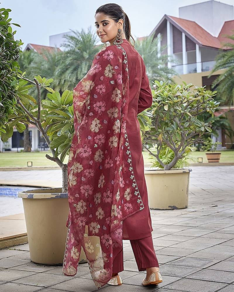 Maroon color stylish partywear readymade ethnic suit